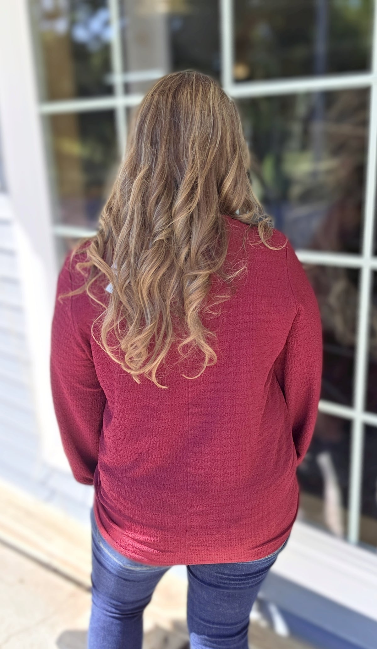 WINE TEXTURED LACE TRIM YOKE TOP