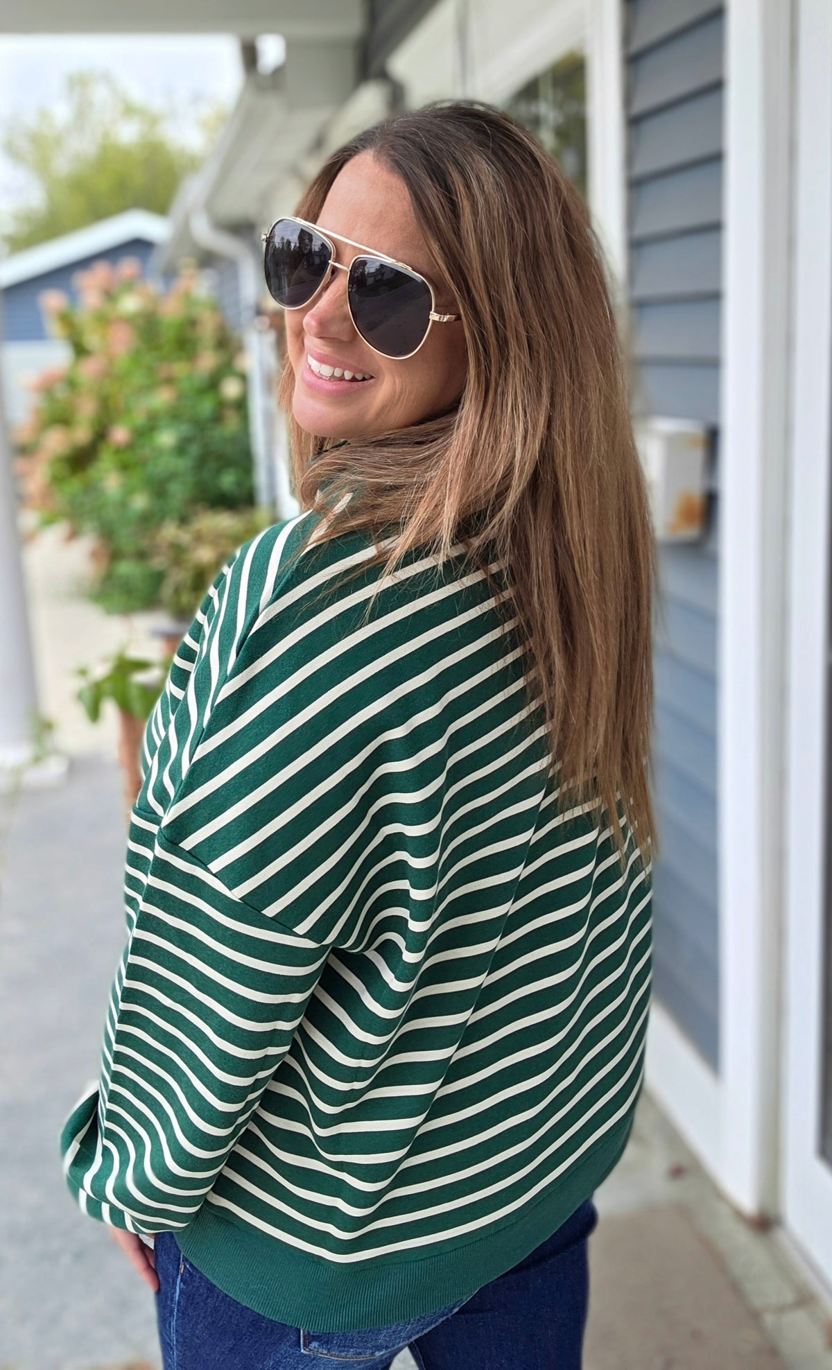 Hunter Green Ribbed Crew Neck Drop Shoulder Long Sleeve With Ribbed Cuffs And Hemline Stripe Pullover