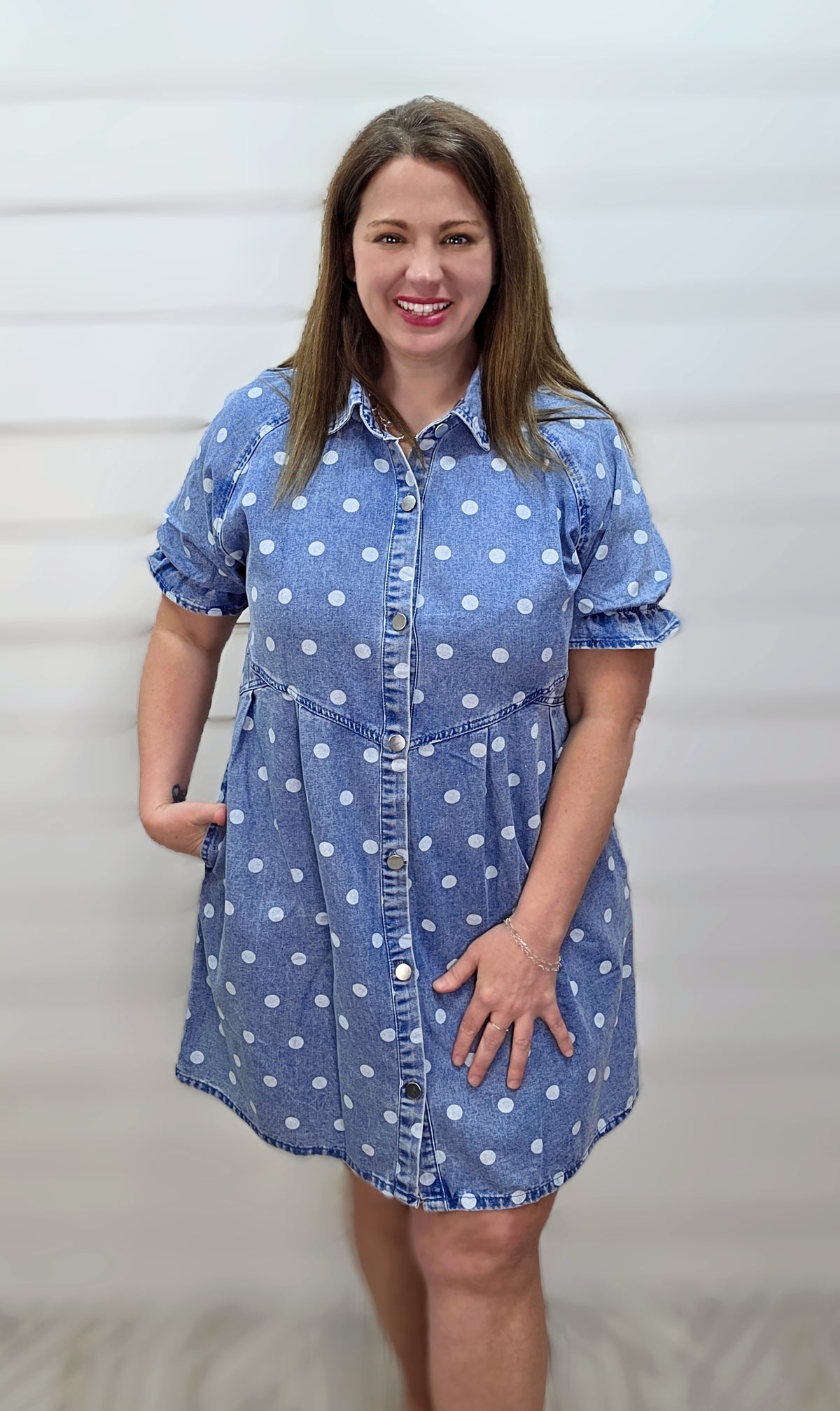 DENIM POLKADOT BUTTON DOWN DRESS