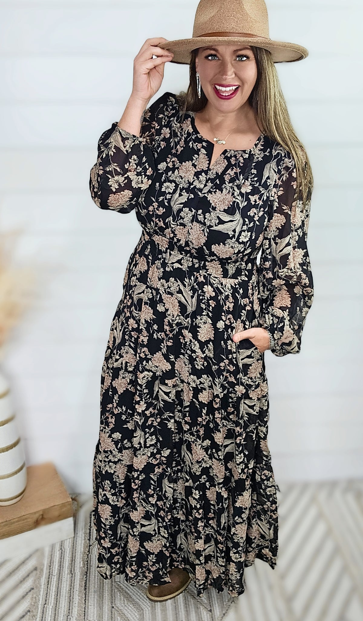 BLACK FLORAL ELASTIC WAIST LONG DRESS