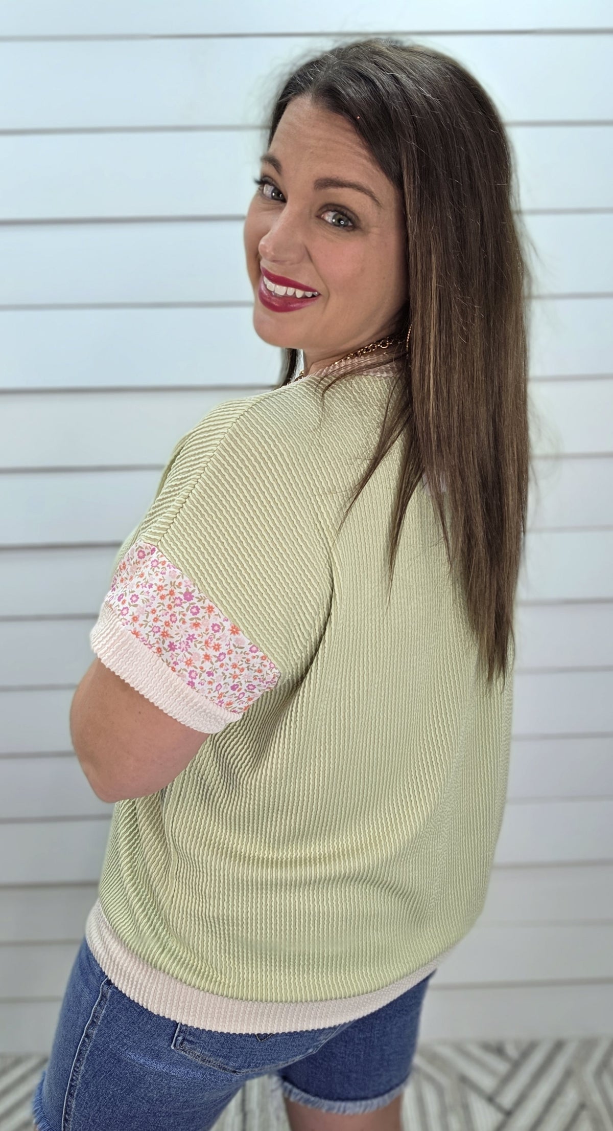 SAGE RAISED RIBBED KNIT TOP W/ FLORAL TRIM