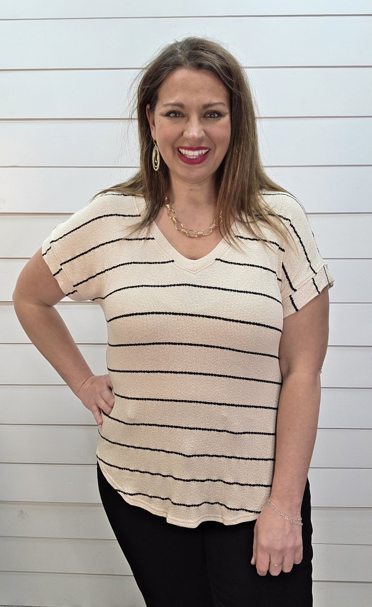 OATMEAL BLACK STRIPED V NECK KNIT TOP