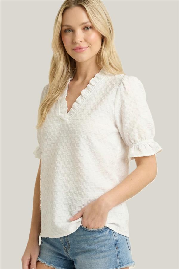 OFF WHITE TEXTURED V NECK TOP