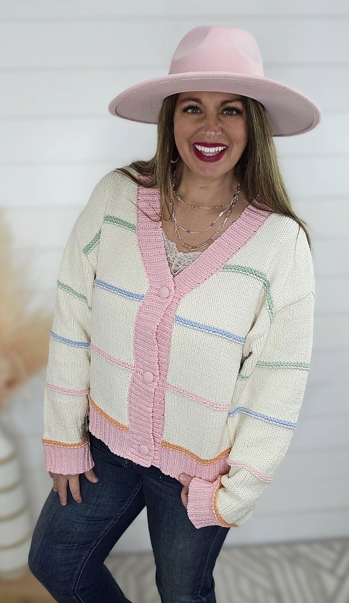 CREAM/PINK BUTTON KNIT CARDIGAN