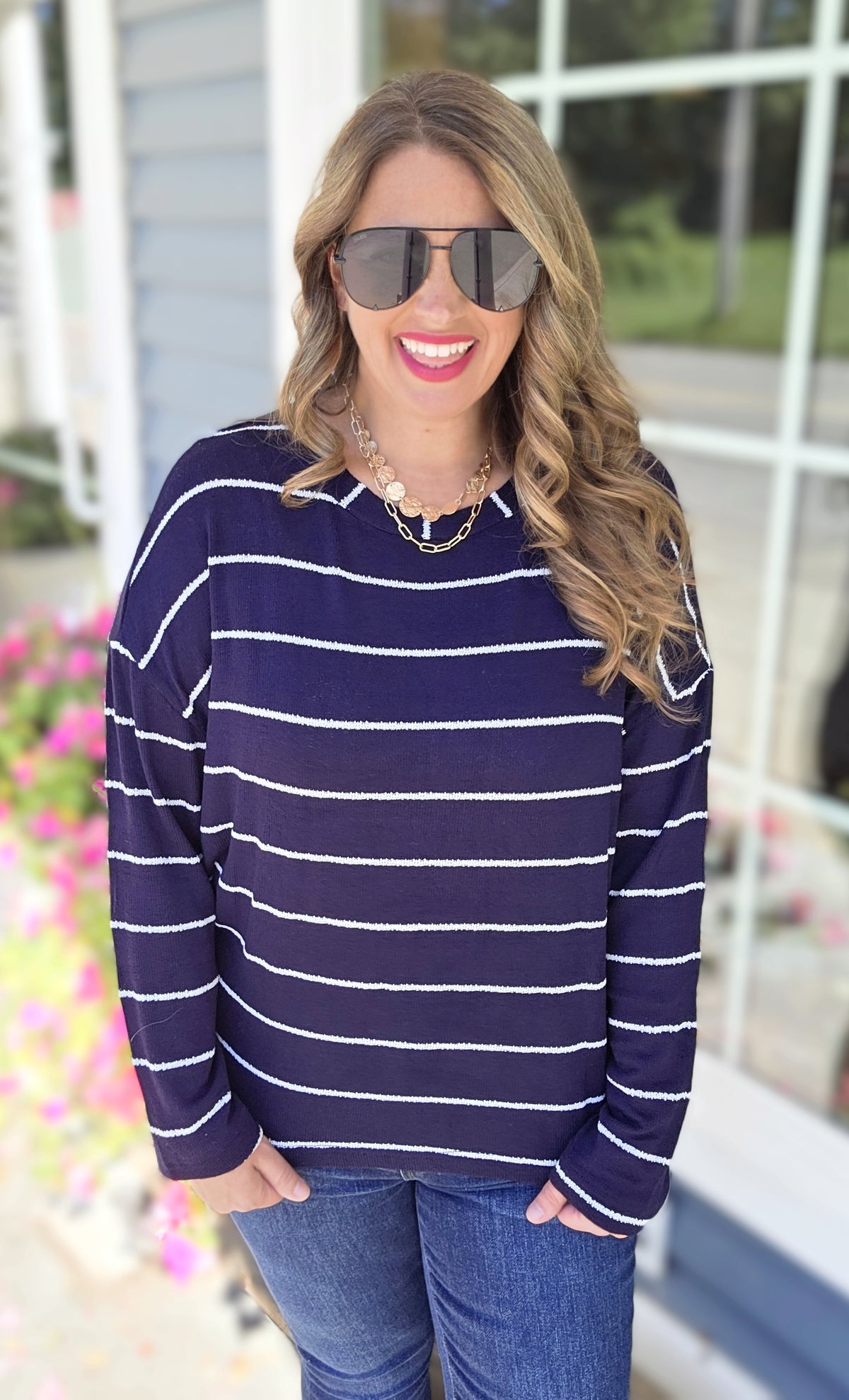 NAVY PINSTRIPE LIGHT WEIGHT SOFT SWEATER