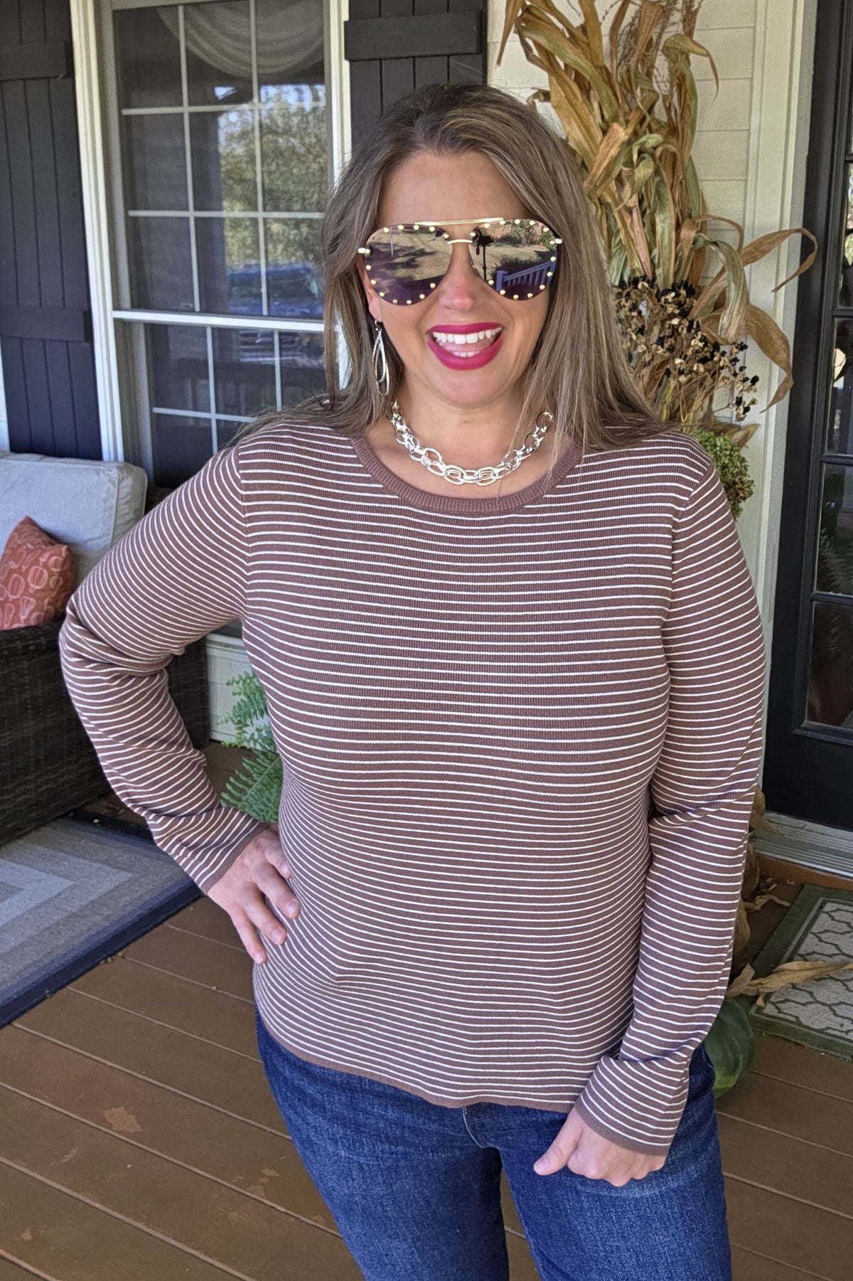 MOCHA PINSTRIPED PULLOVER SWEATER