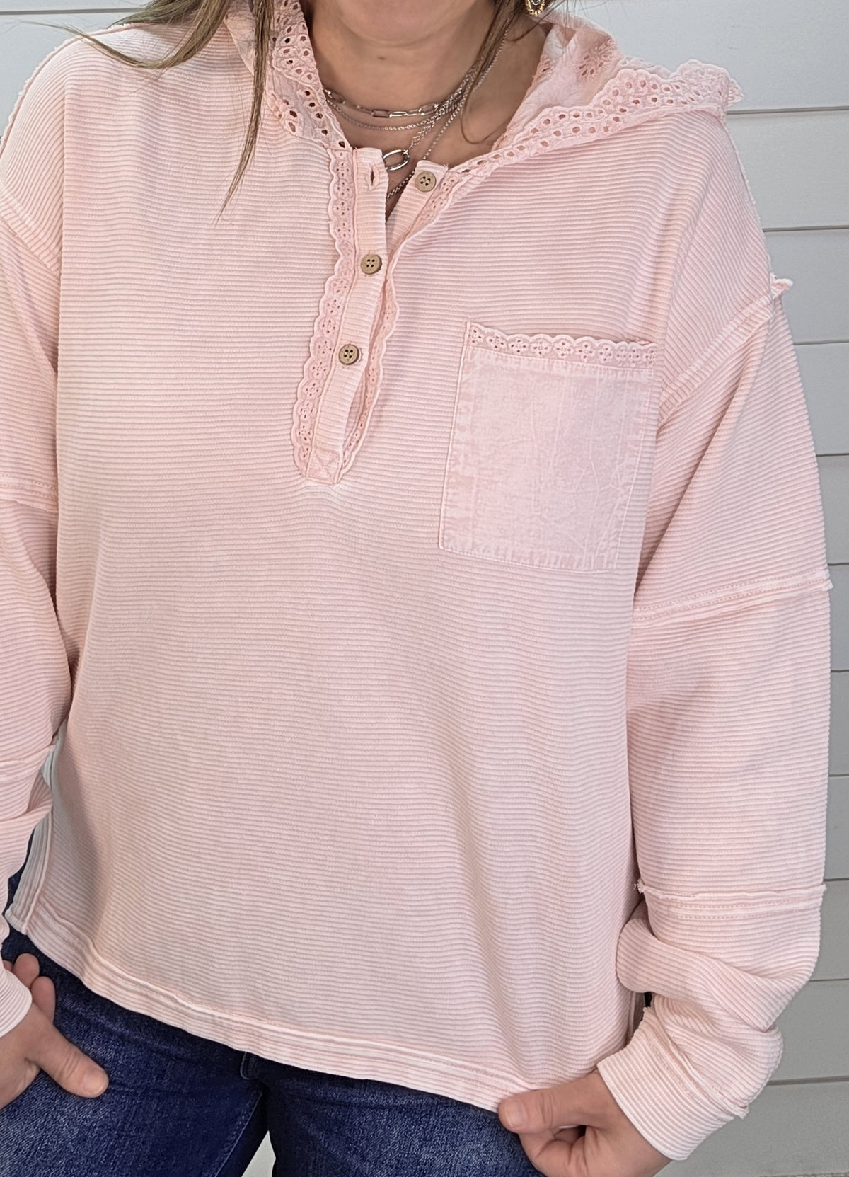 COTTON PINK MINERAL WASH LACE TRIM HOODIE