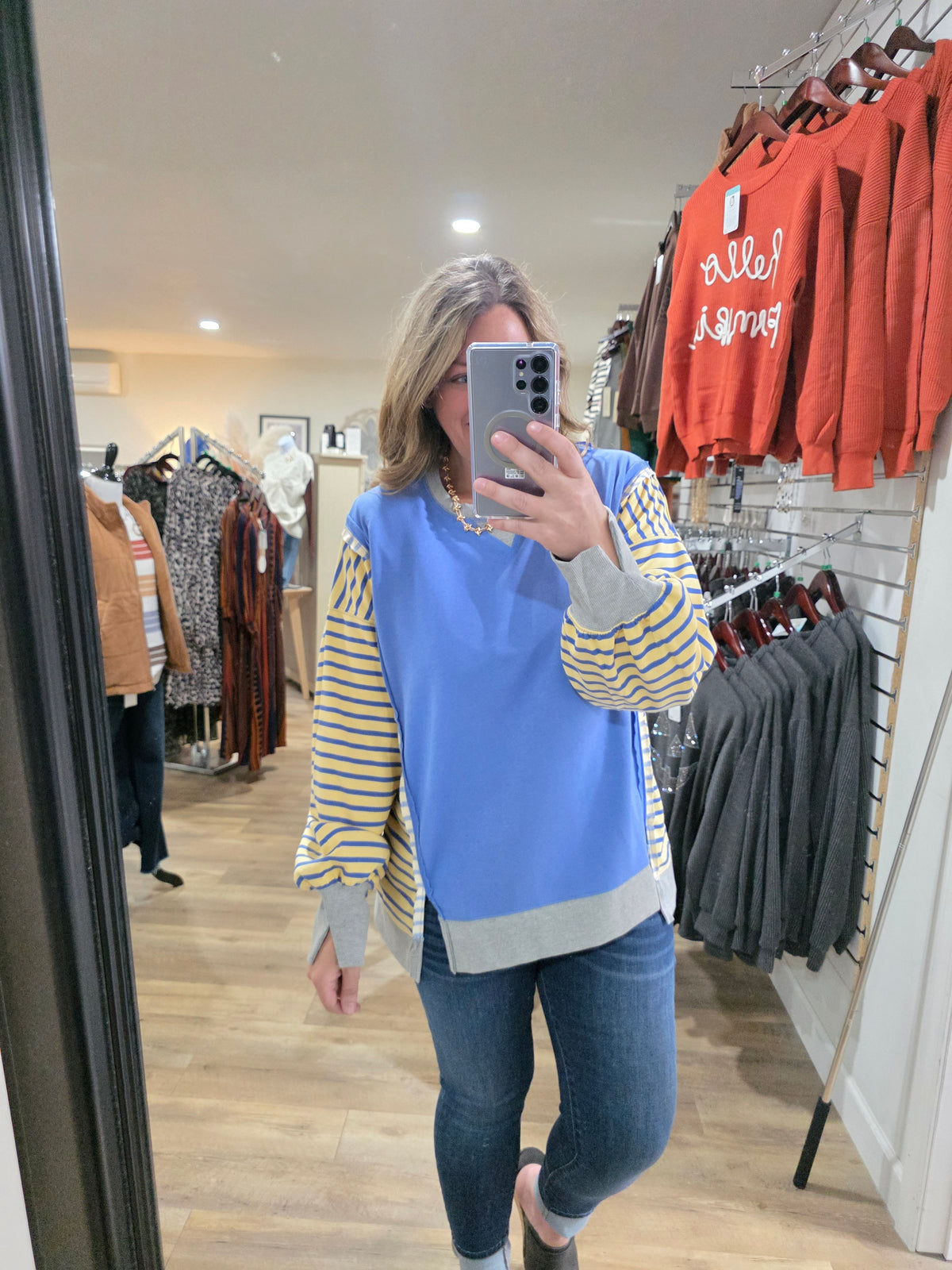 BLUE/STRIPED CONTRAST FRENCH TERRY TOP