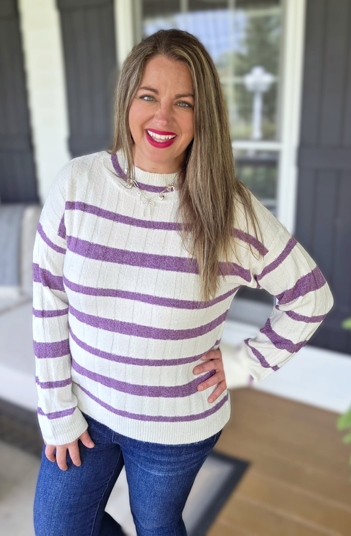CREAM/PURPLE STRIPED MOCK NECK PULLOVER SWEATER