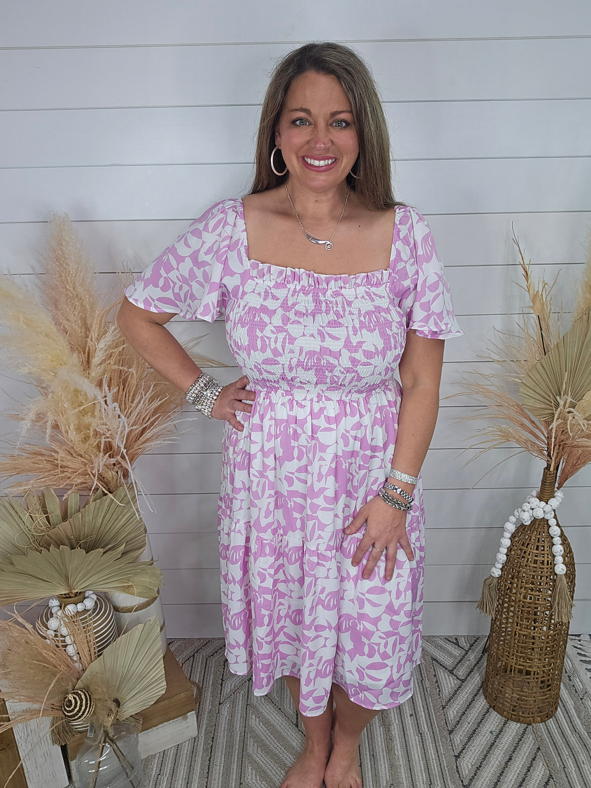 LIGHT PINK/WHITE FLORAL PRINTED SMOCKED TOP DRESS