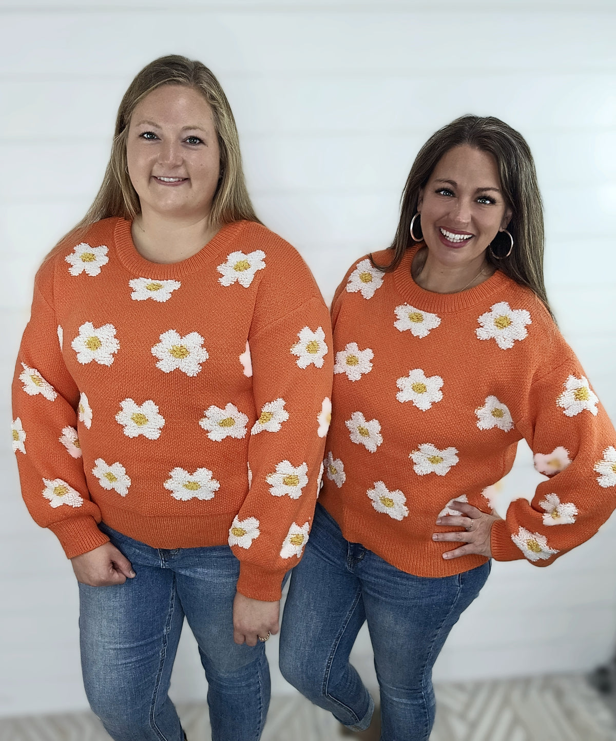 POL ORANGE FLORAL CREW NECK SWEATER