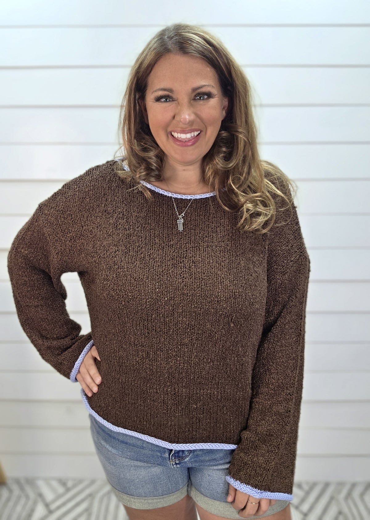 CHOCOLATE BROW/BLUE Contrast Trim Long Sleeve Knit Sweater