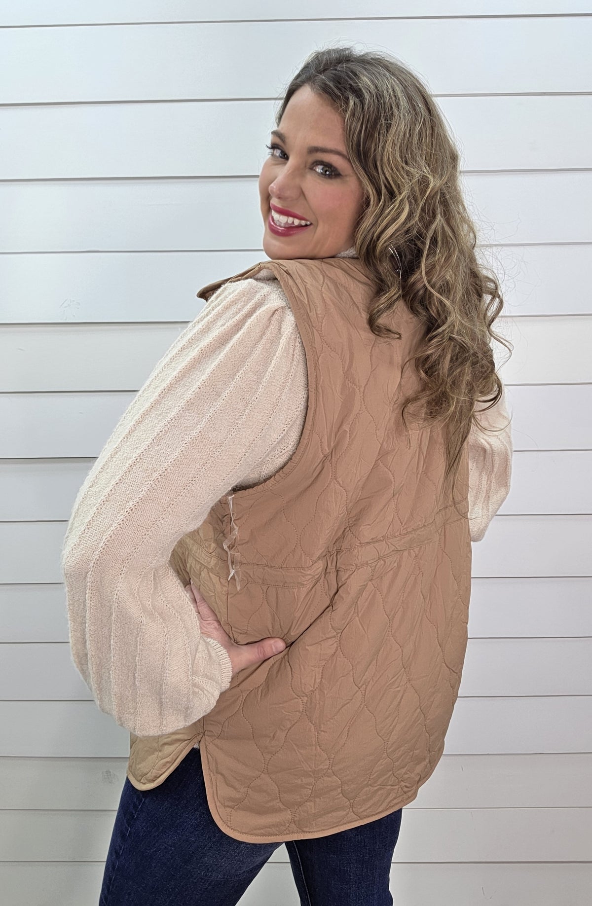 TAUPE FAUX FUR LINED SNAP BUTTON TIE VEST