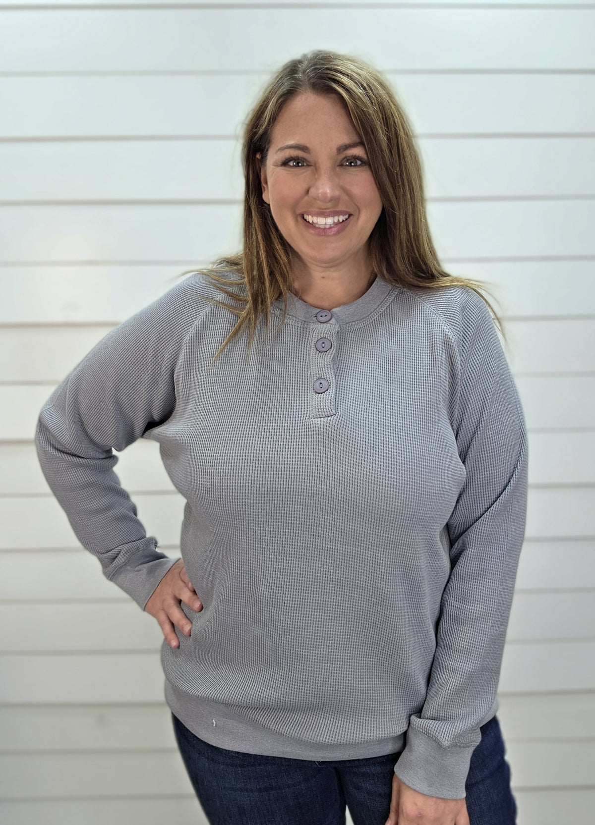 STEEL GREY WAFFLE TEXTURED BUTTON HENLEY KNIT TOP