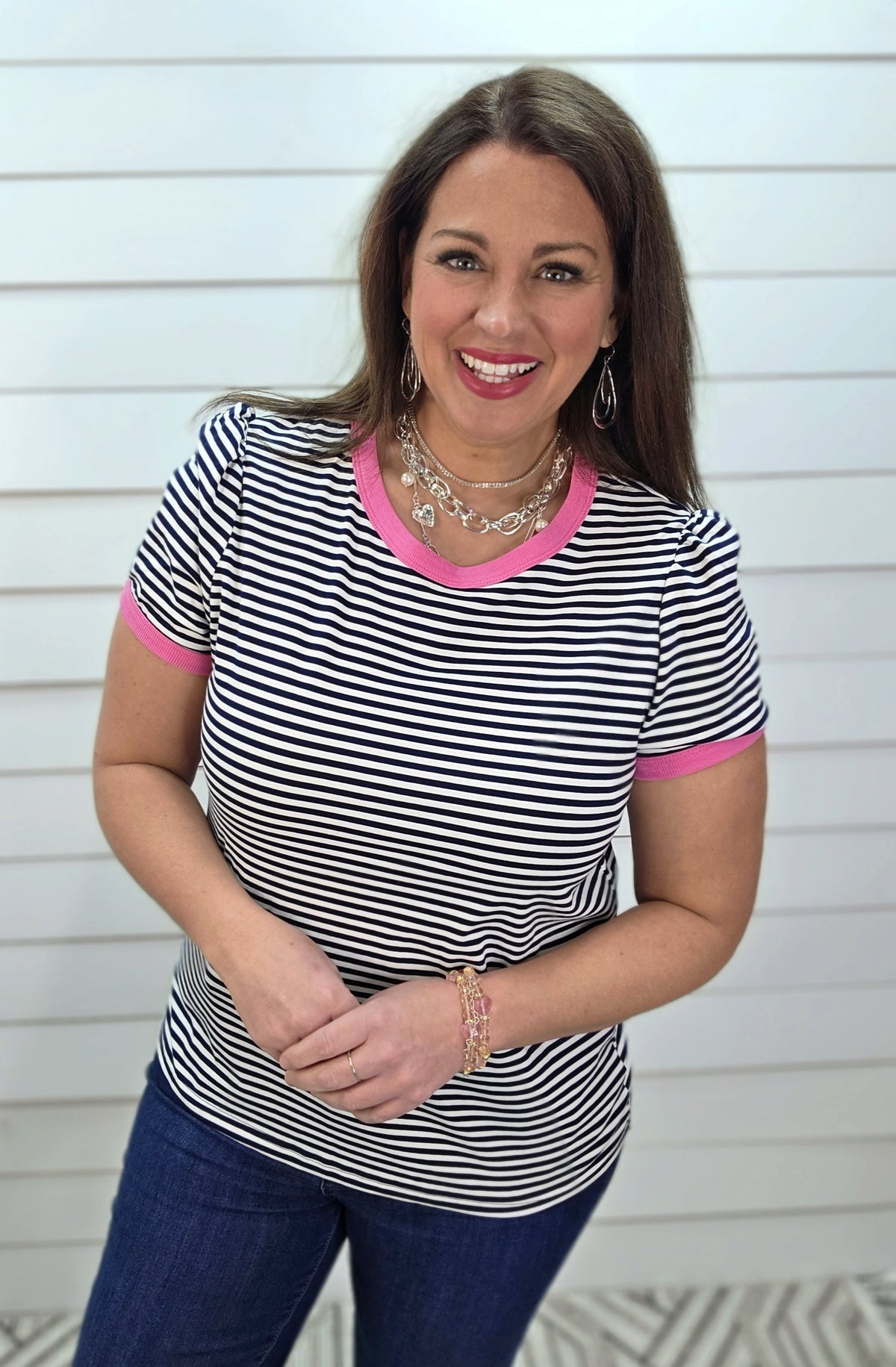 NAVY STRIPED KNIT TOP W/ PINK TRIM AND SMALL PUFF SLEEVE