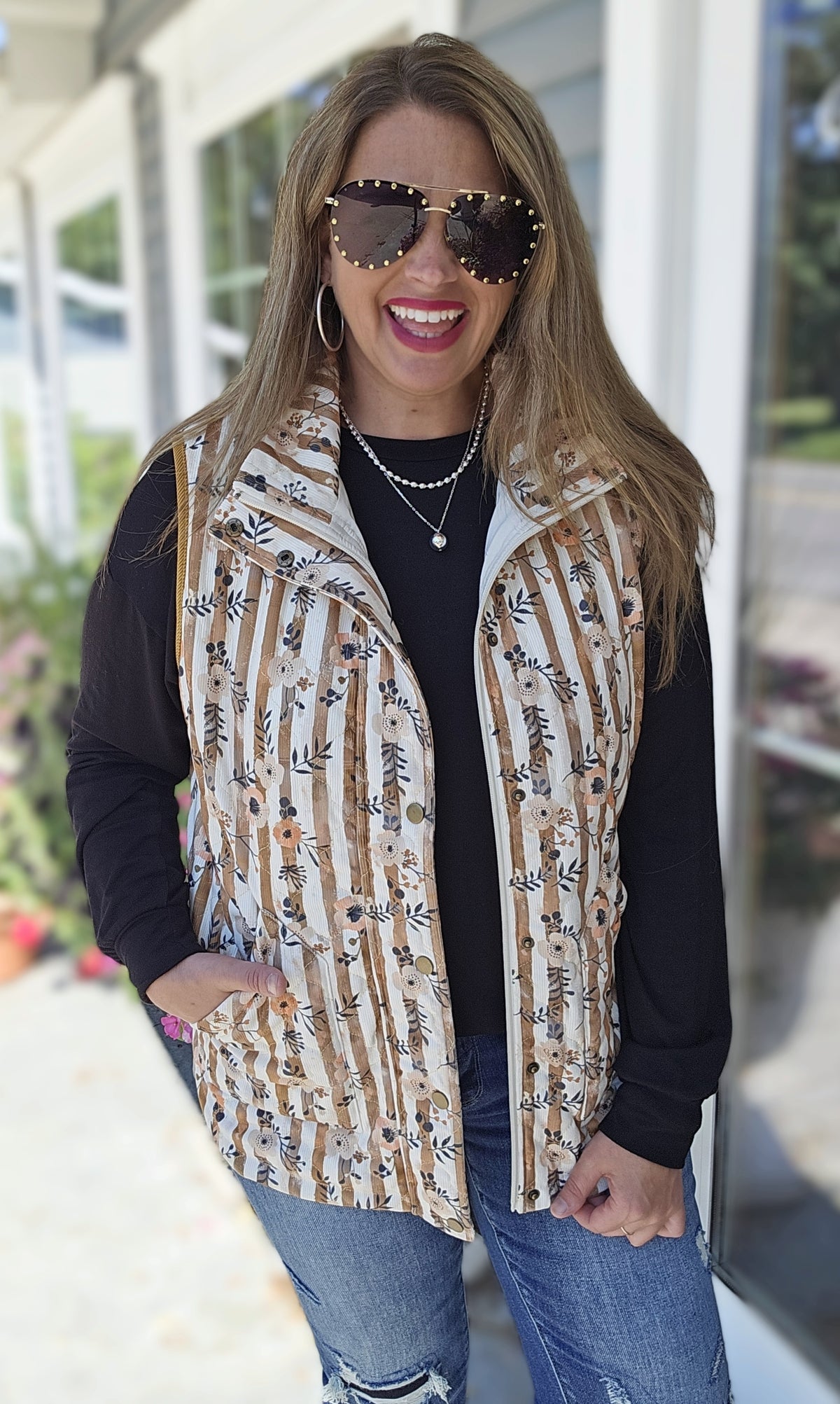 CAMEL STRIPED/FLORAL ZIP UP QUILTED VEST