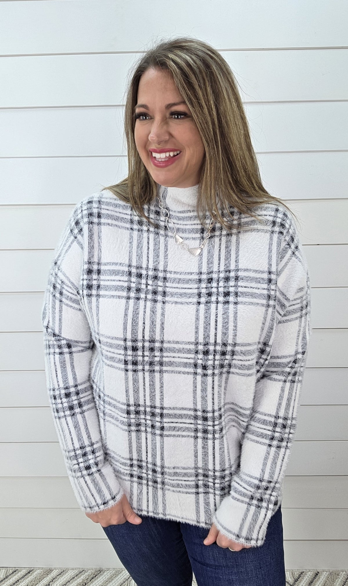 OFF WHITE/BLACK MOCK NECK FUZZY SOFT PLAID CHECK SWEATER