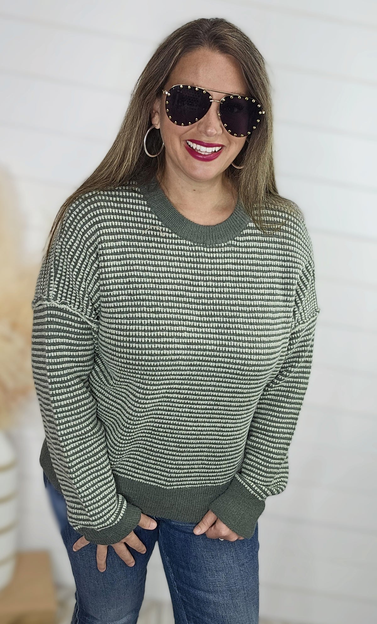 SAGE WAFFLE TEXTURED TWO TONE PULLOVER SWEATER