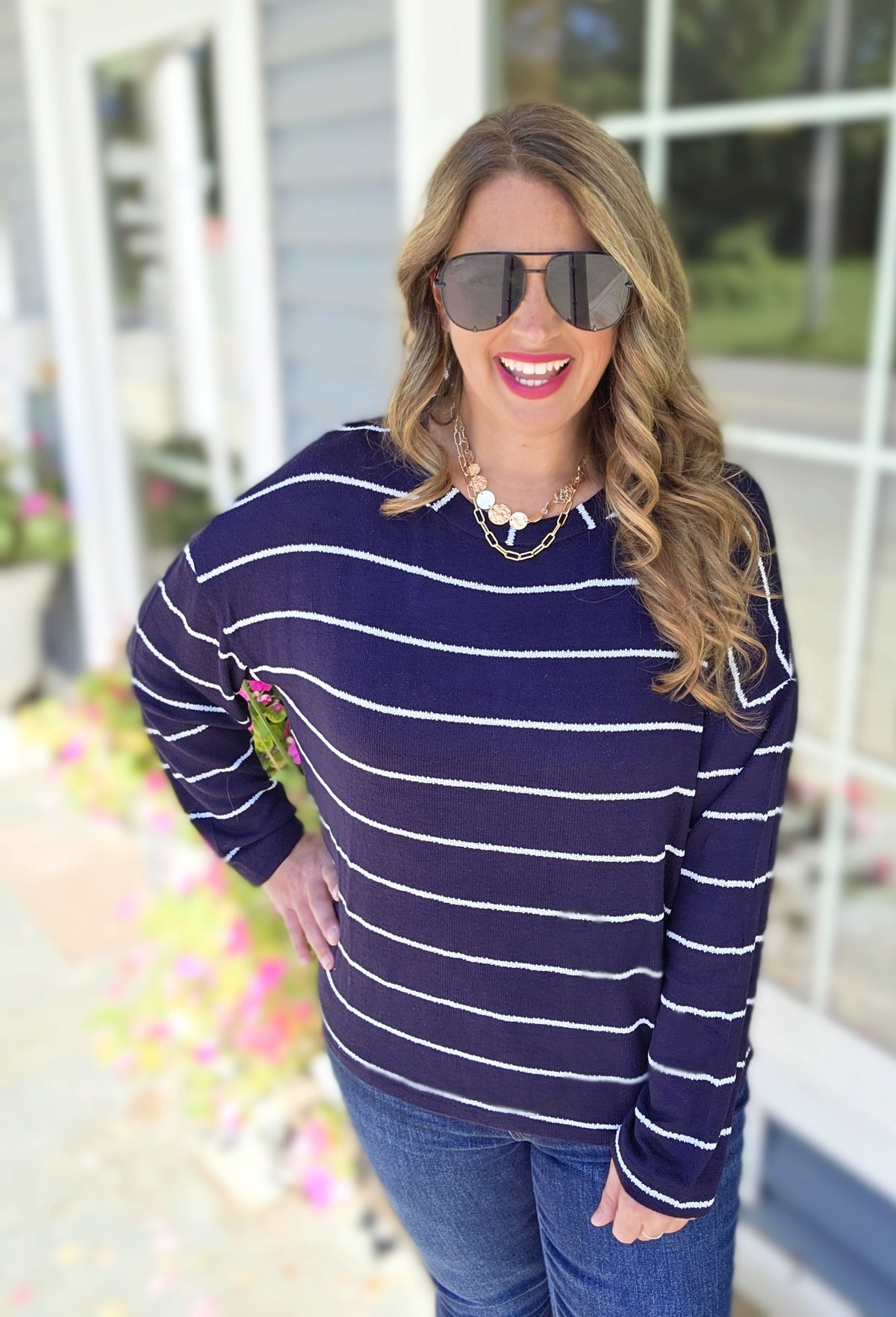 NAVY PINSTRIPE LIGHT WEIGHT SOFT SWEATER