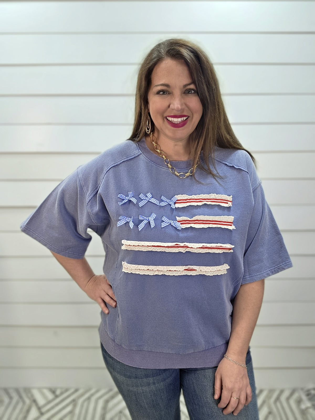 DENIM WASHED HALF SLEEVE FLAG FRENCH TERRY PULLOVER