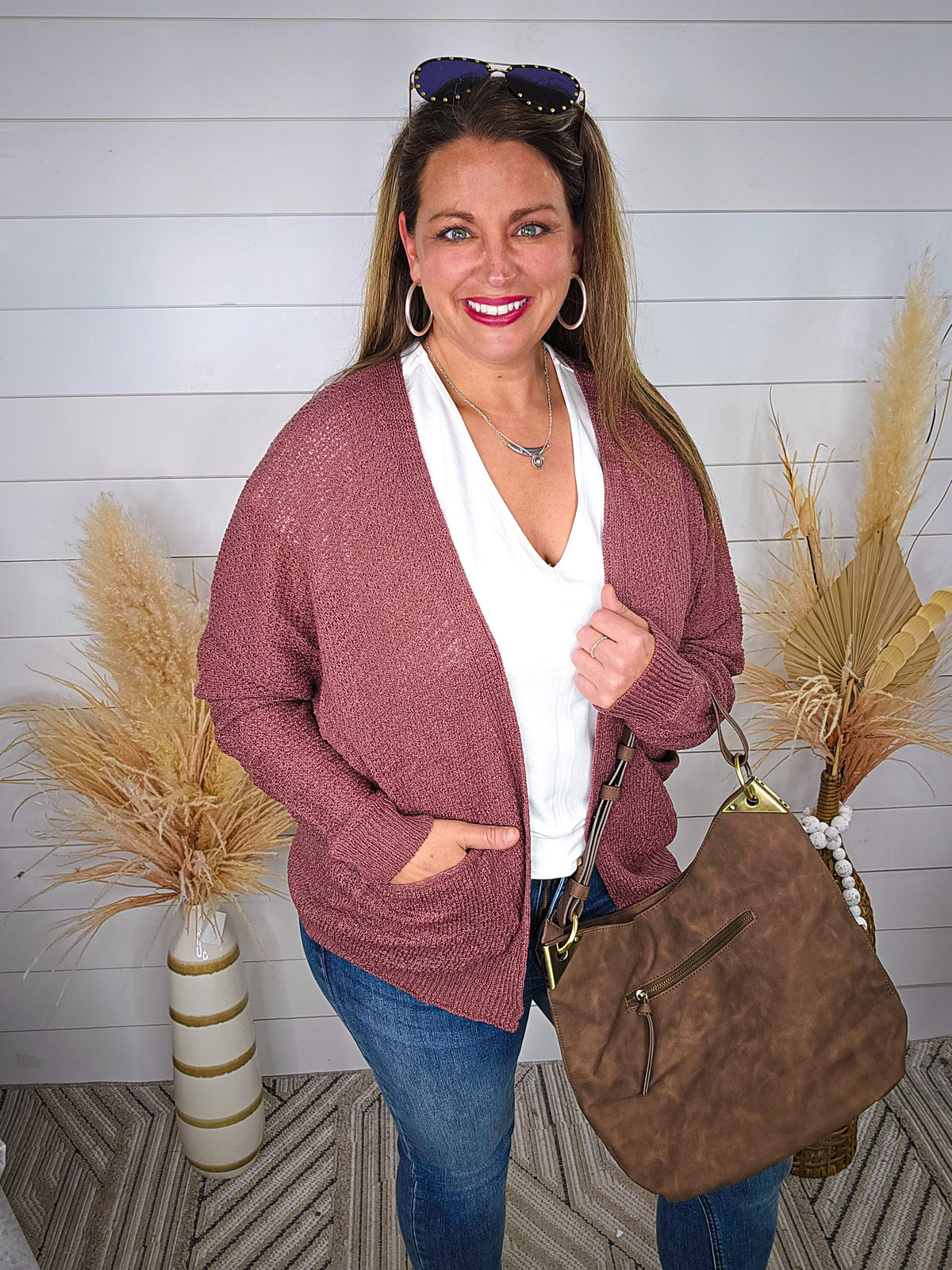 BERRY OPEN FRONT CARDIGAN W/ DROP SHOULDER AND FRONT POCKETS