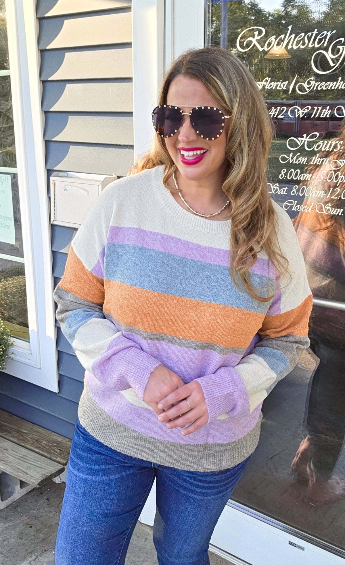LAVENEDER/ORANGE STRIPED COLORBLOCK KNIT SWEATER