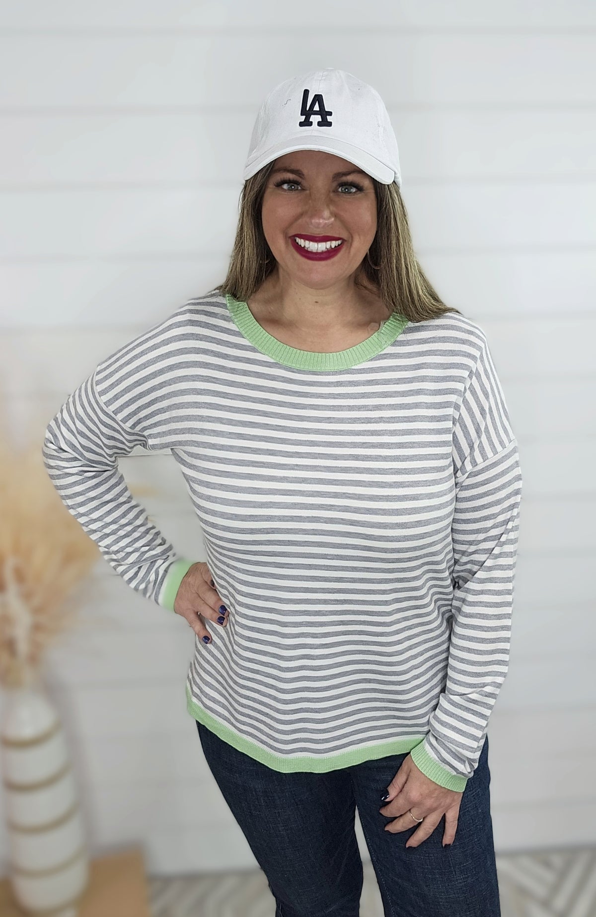 GREY STRIPED KNIT TOP W/ LIME TRIM