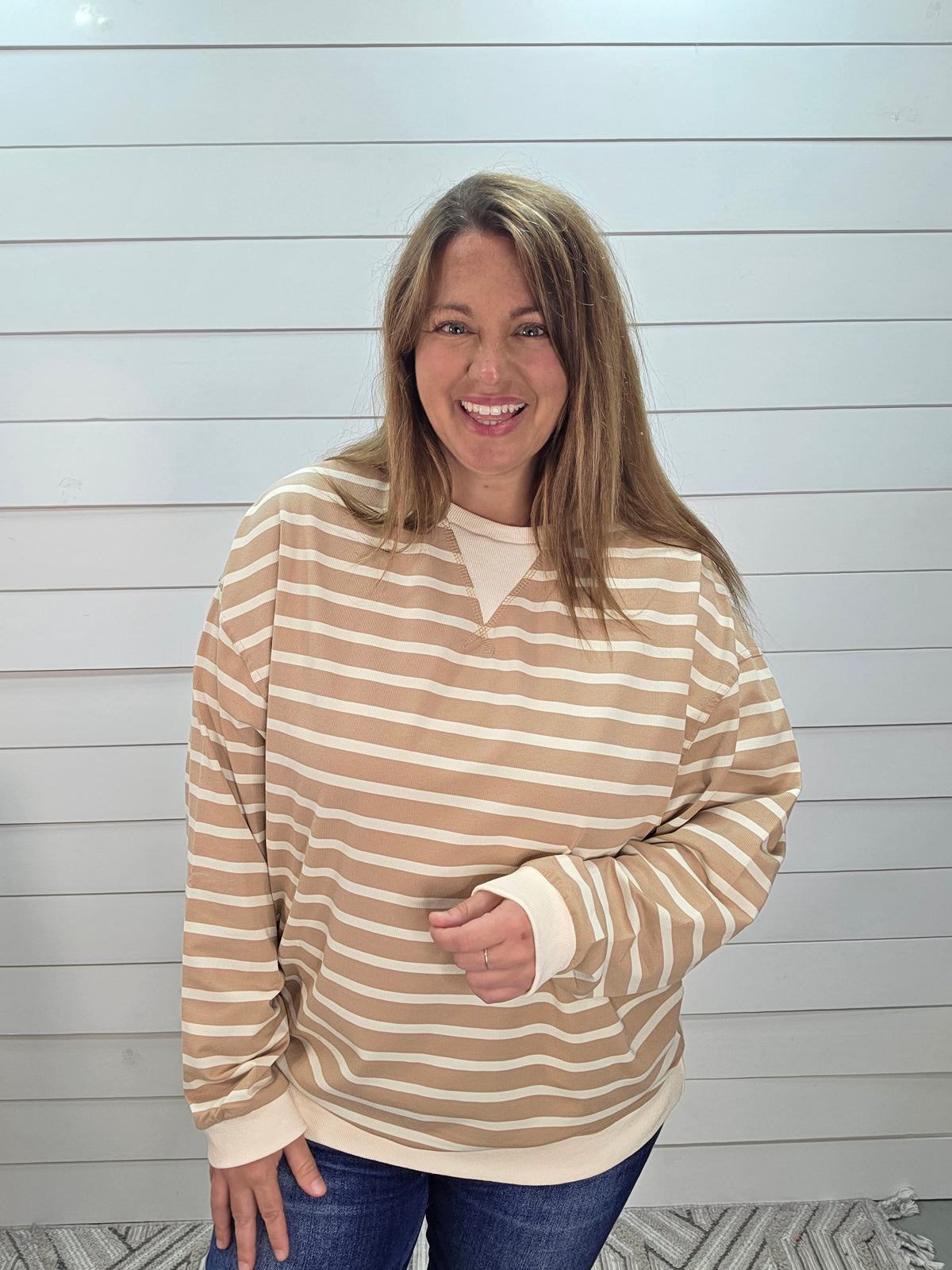TAUPE/CREAM STRIPED LOOSE FIT KNIT TOP