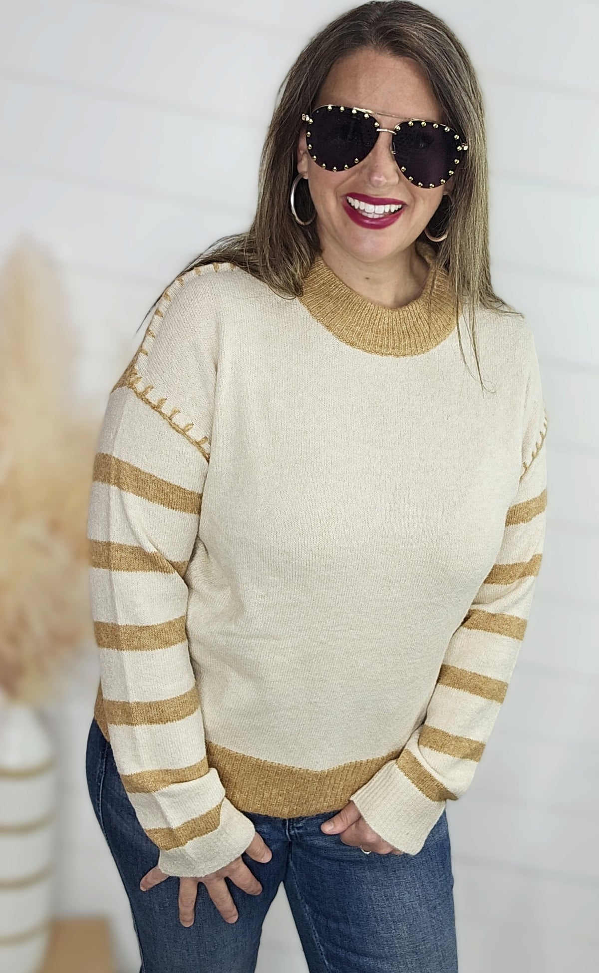 HONEY BLANKET STITCH STRIPED SLEEVE PULLOVER SWEATER