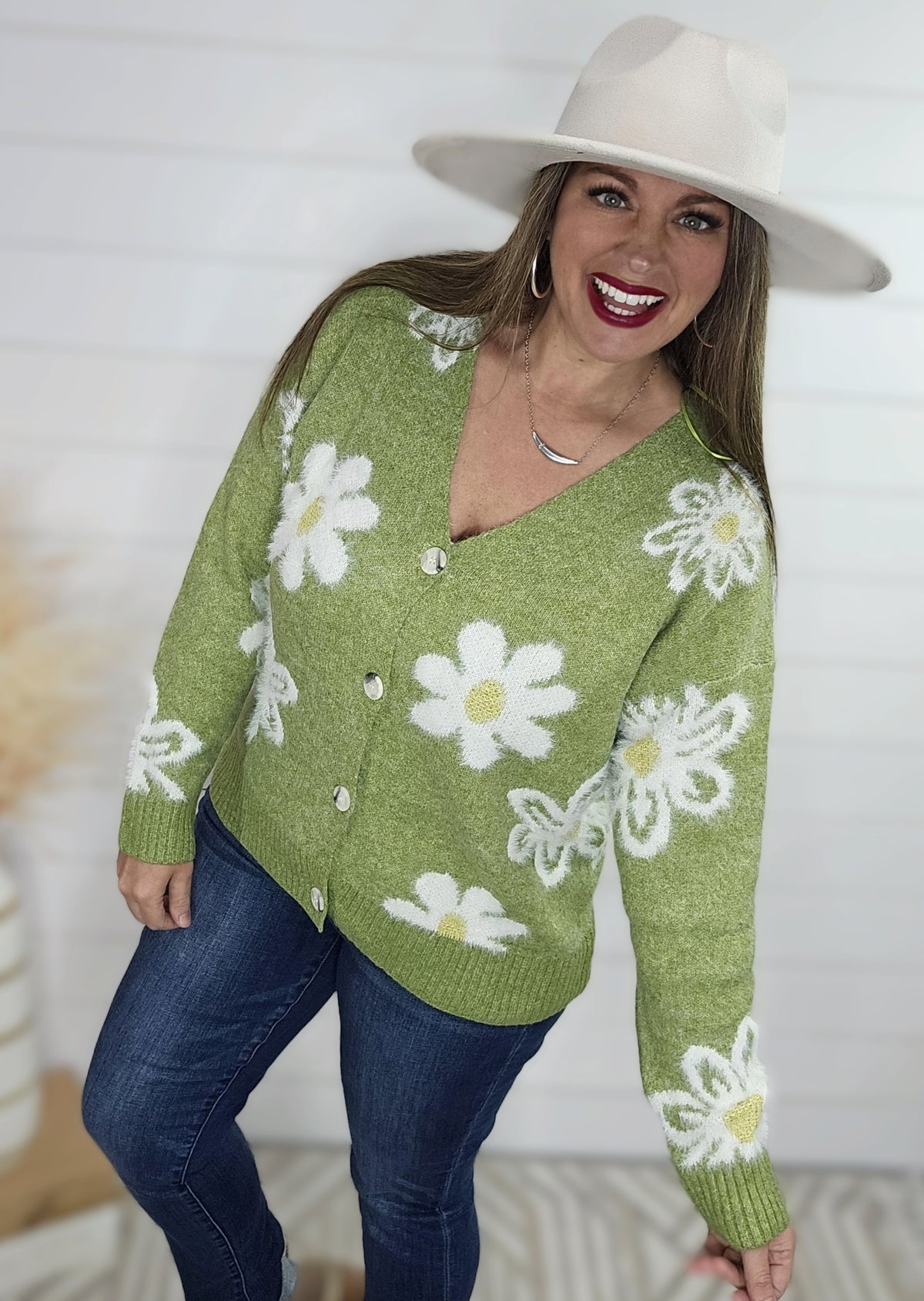 GREEN FLORAL FUZZY BUTTON CARDIGAN SWEATER