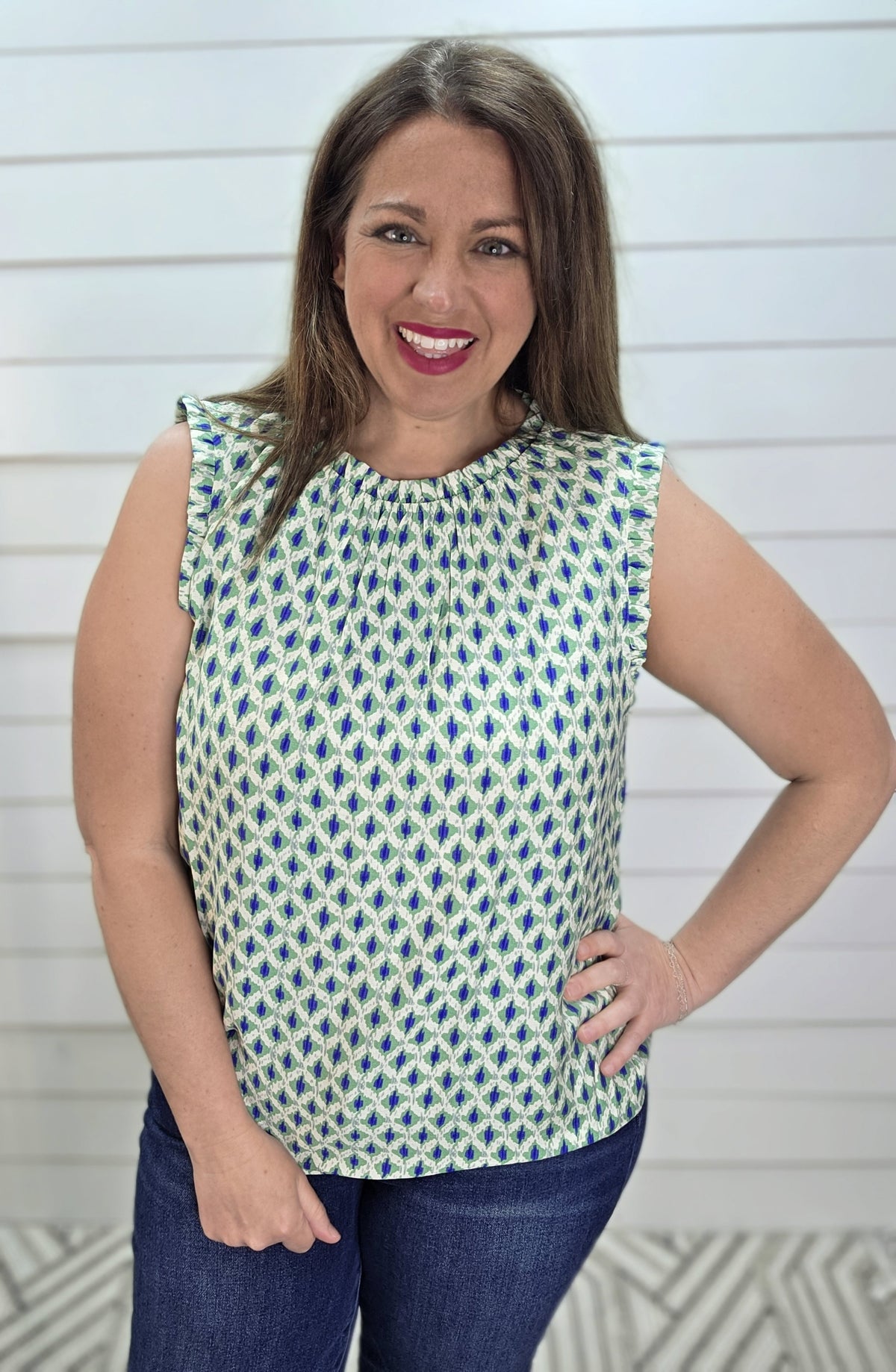 GREEN/NAVY HIGH NECK WOVEN SLEEVELESS TOP