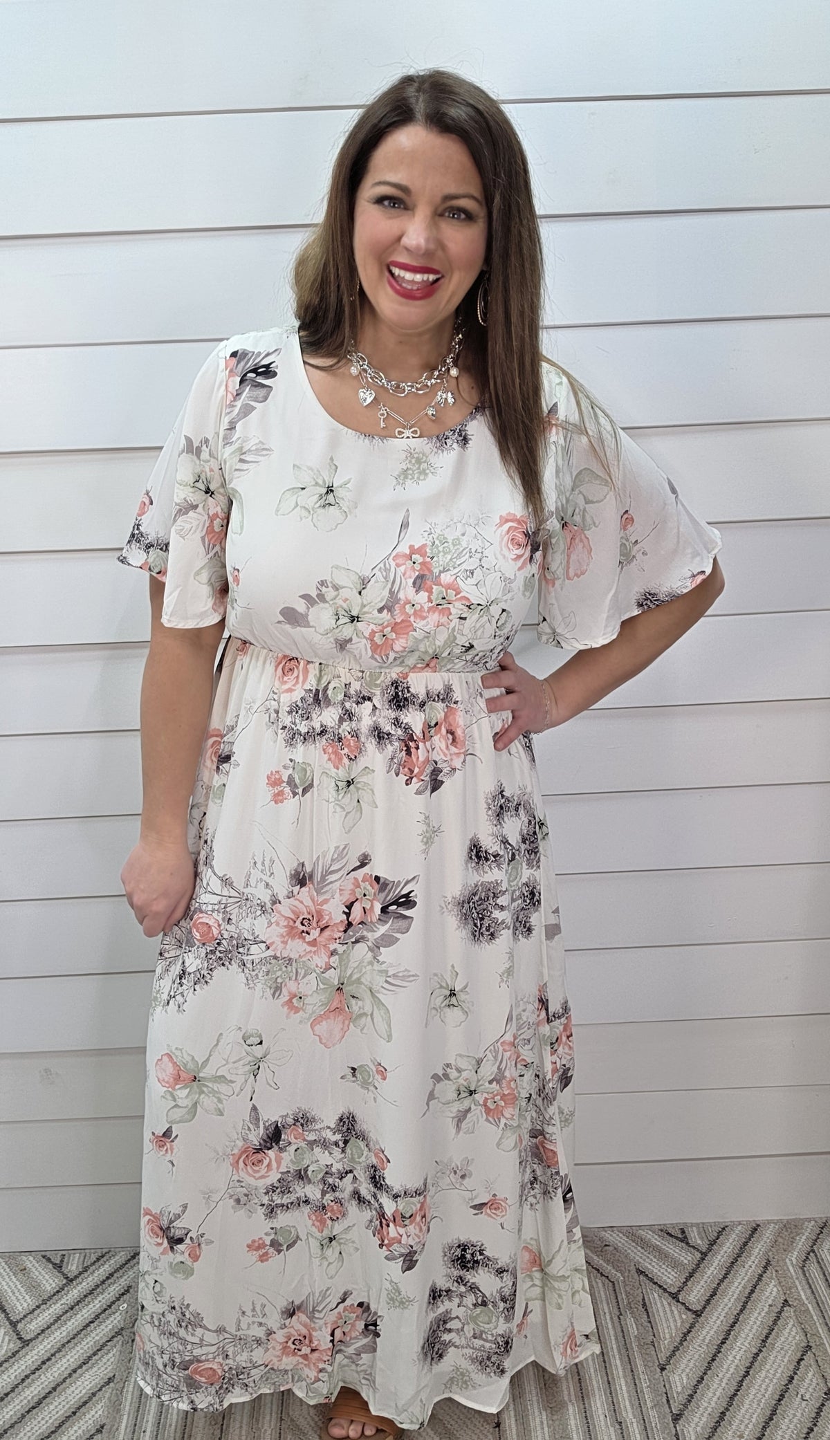 IVORY/SAGE FLORAL ELASTIC WAIST DRESS