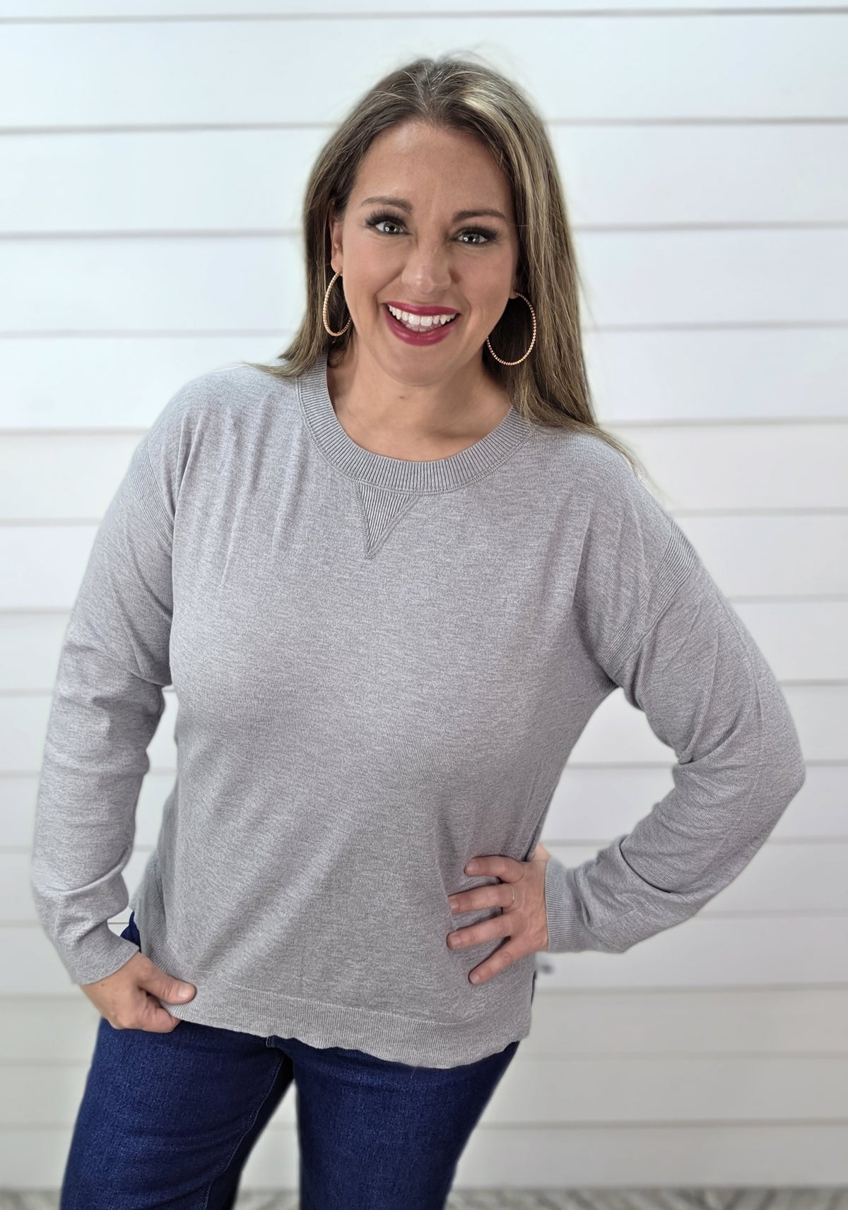 HEATHER GREY LIGHT WEIGHT CREW NECK PULLOVER SWEATER