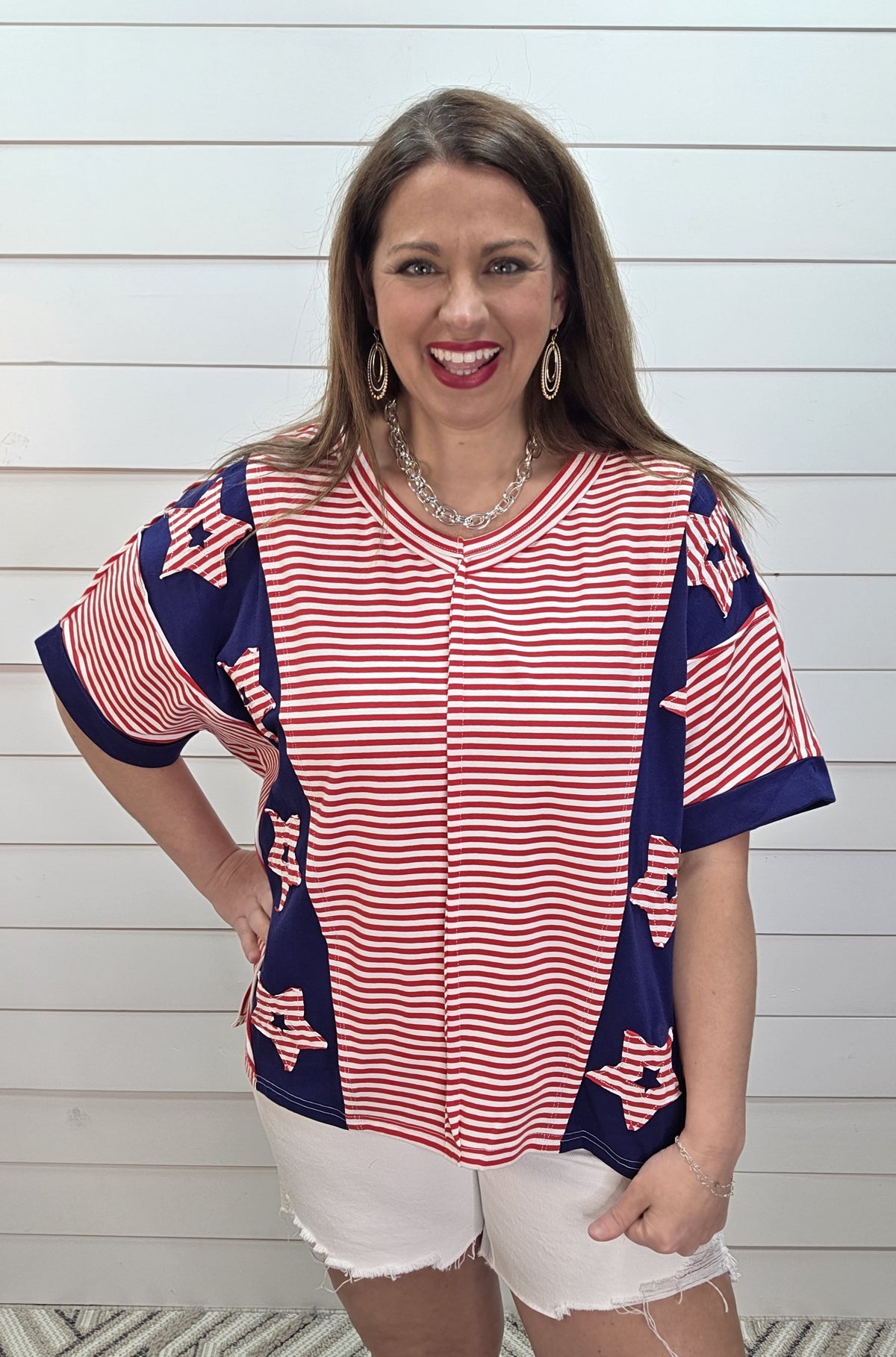 RED STRIPED/STAR OVERSIZED KNIT TOP