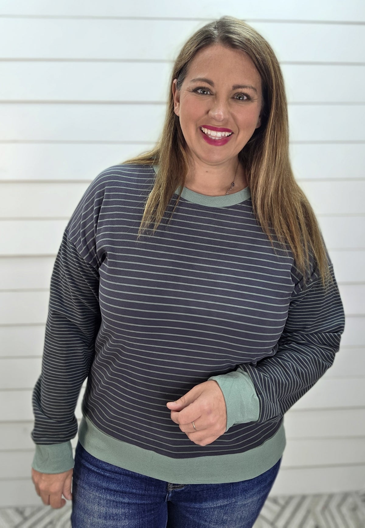 SAGE Color Accent, Long Sleeve, Micro Brushed Stripe Knit Top