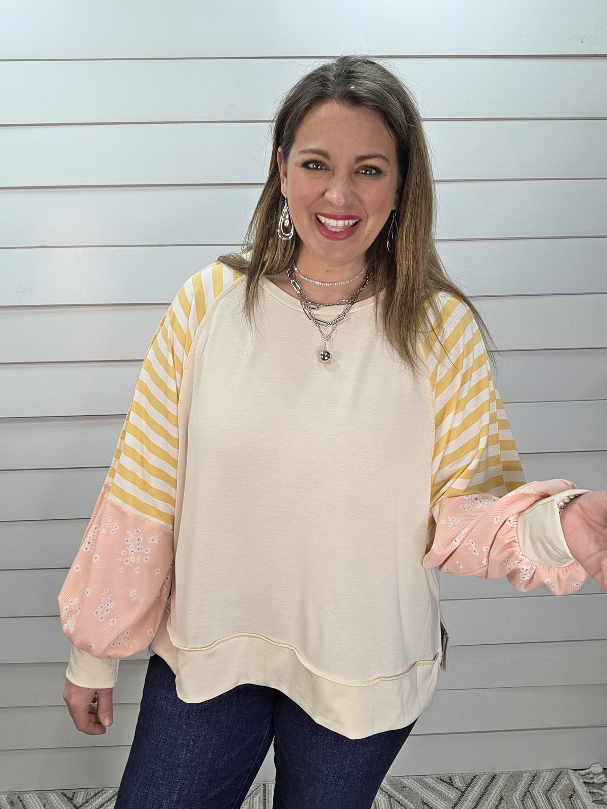 OATMEAL FRENCH TERRY LOOSE FIT TOP W/ STRIPED/FLORAL CONTRAST SLEEVES