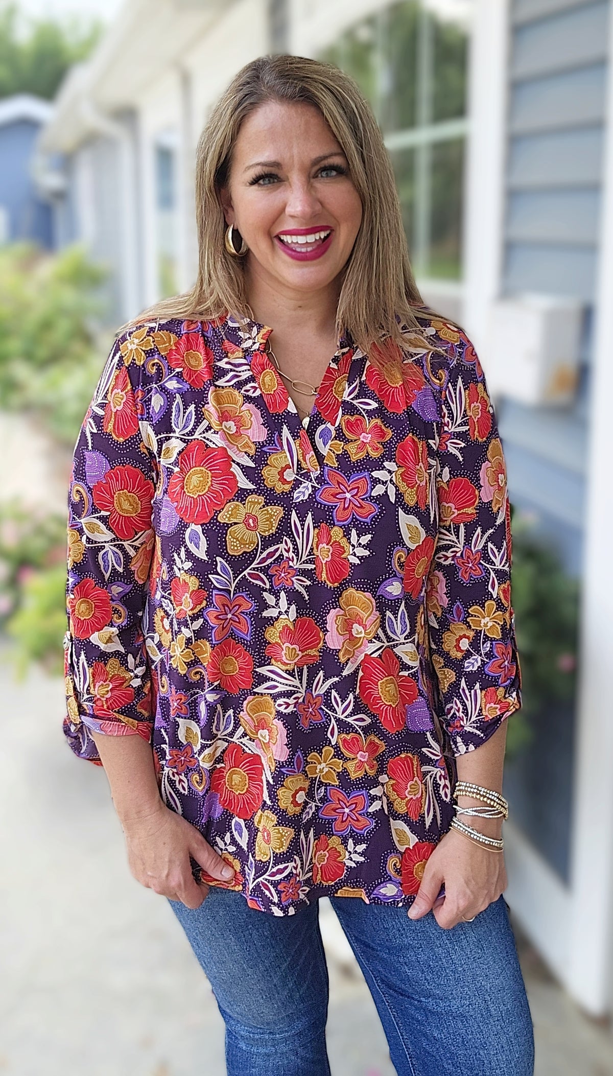 DEAR SCARLETT EGGPLANT/RED FLORAL LIZZY TOP