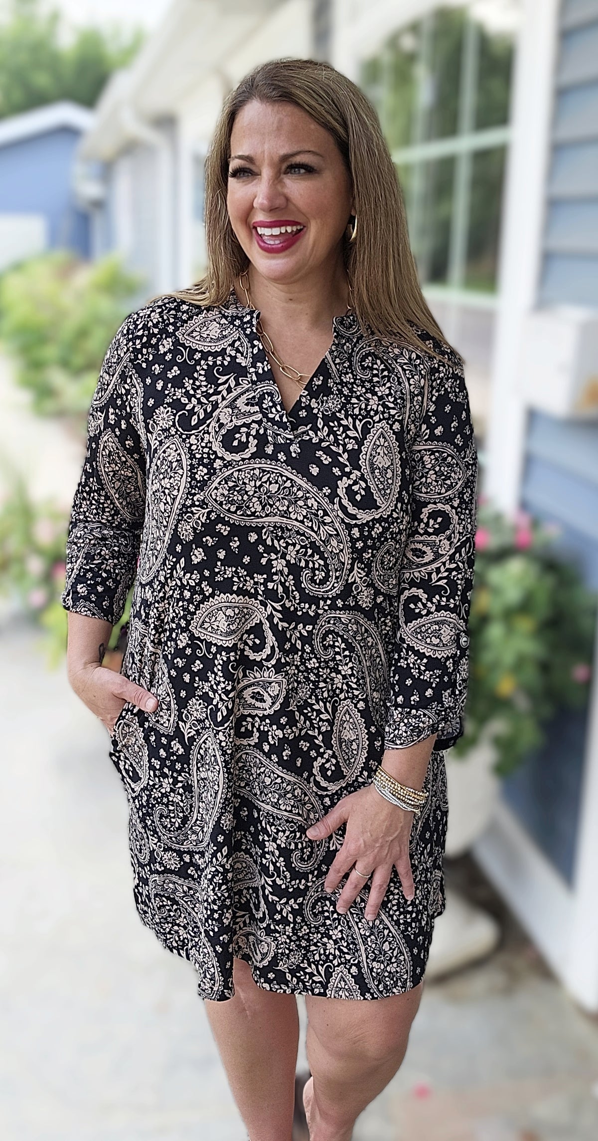 DEAR SCARLETT BLACK/TAUPE PAISLEY 3/4 SLEEVE DRESS