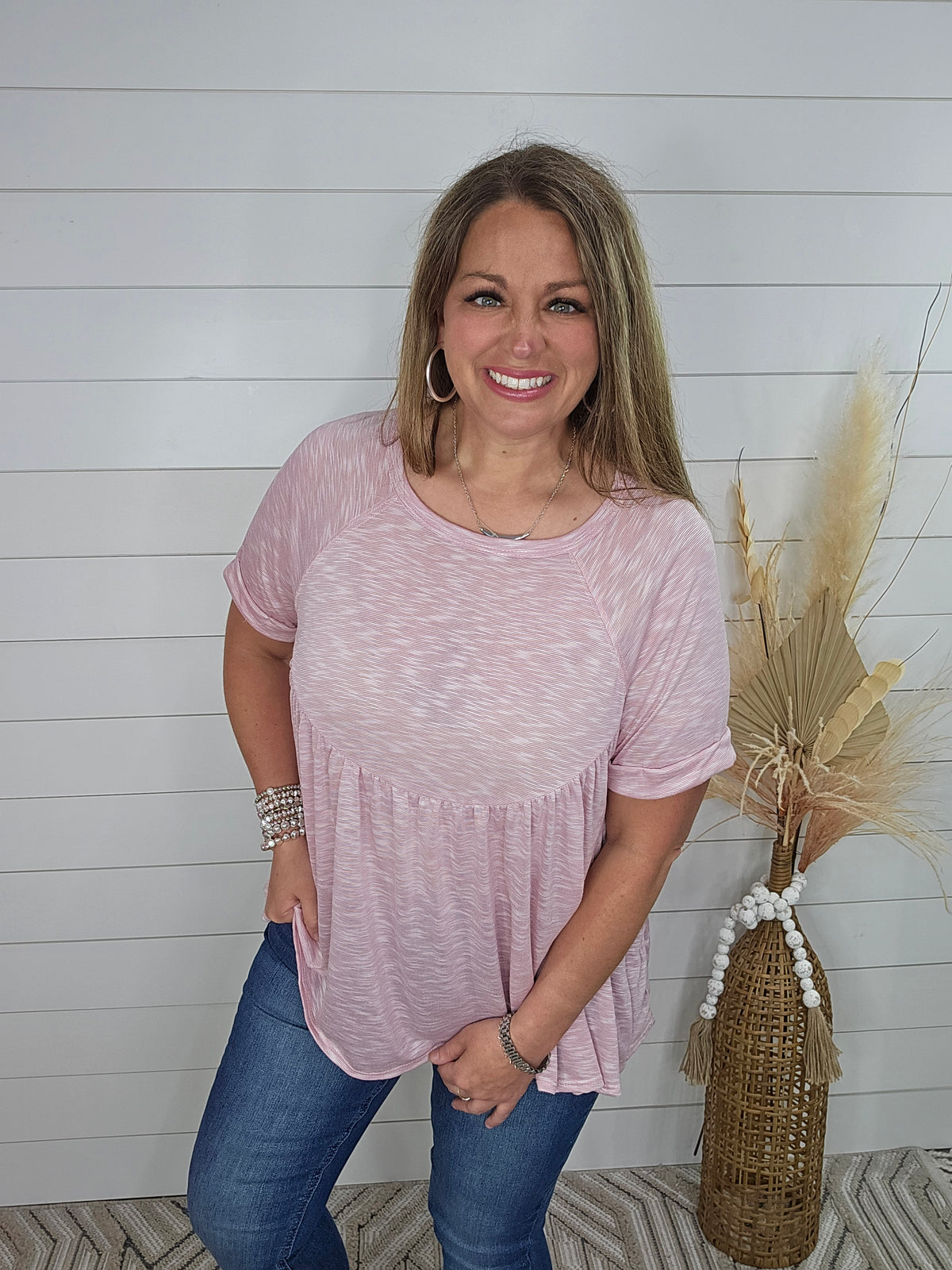 ROSE HEATHERED BABYDOLL KNIT TOP