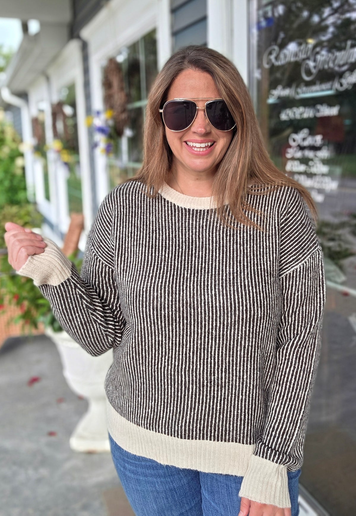 Chocolate Crew Neck, Long Sleeve, 2Tone Rib Textured Sweater