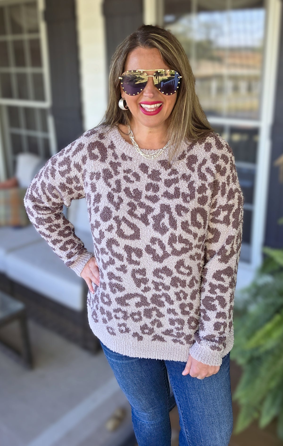 MOCHA ANIMAL ULTRA SOFT FUZZY ANIMAL PRINT SWEATER PULLOVER