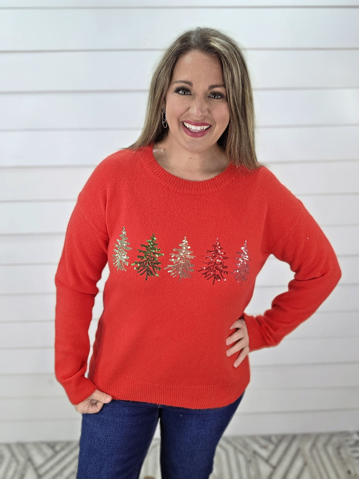 RED SEQUIN TREE KNIT SWEATER