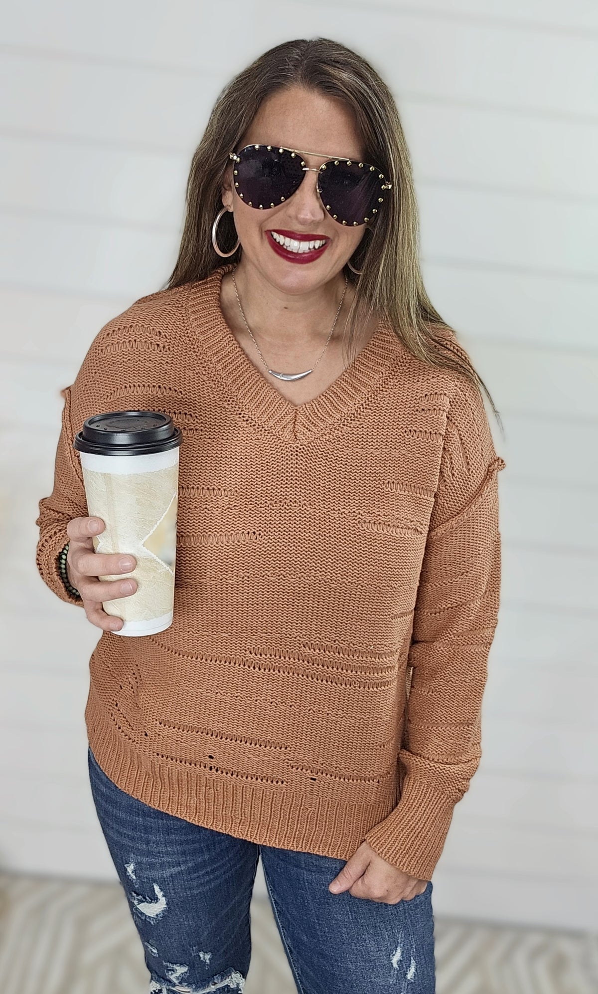 TERRA COTTA DISTRESSED DETAIL V NECK SWEATER