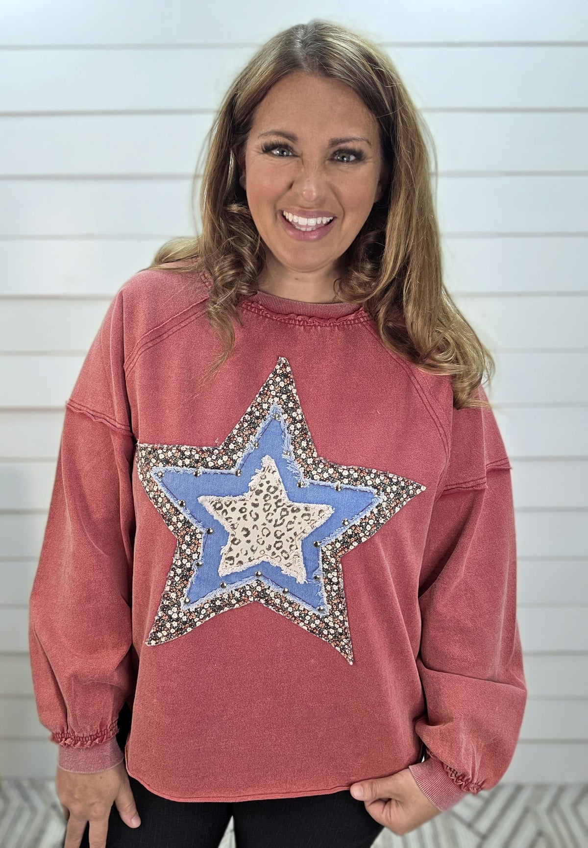 RED MINERAL WASH PATCHWORK STAR FRENCH TERRY TOP