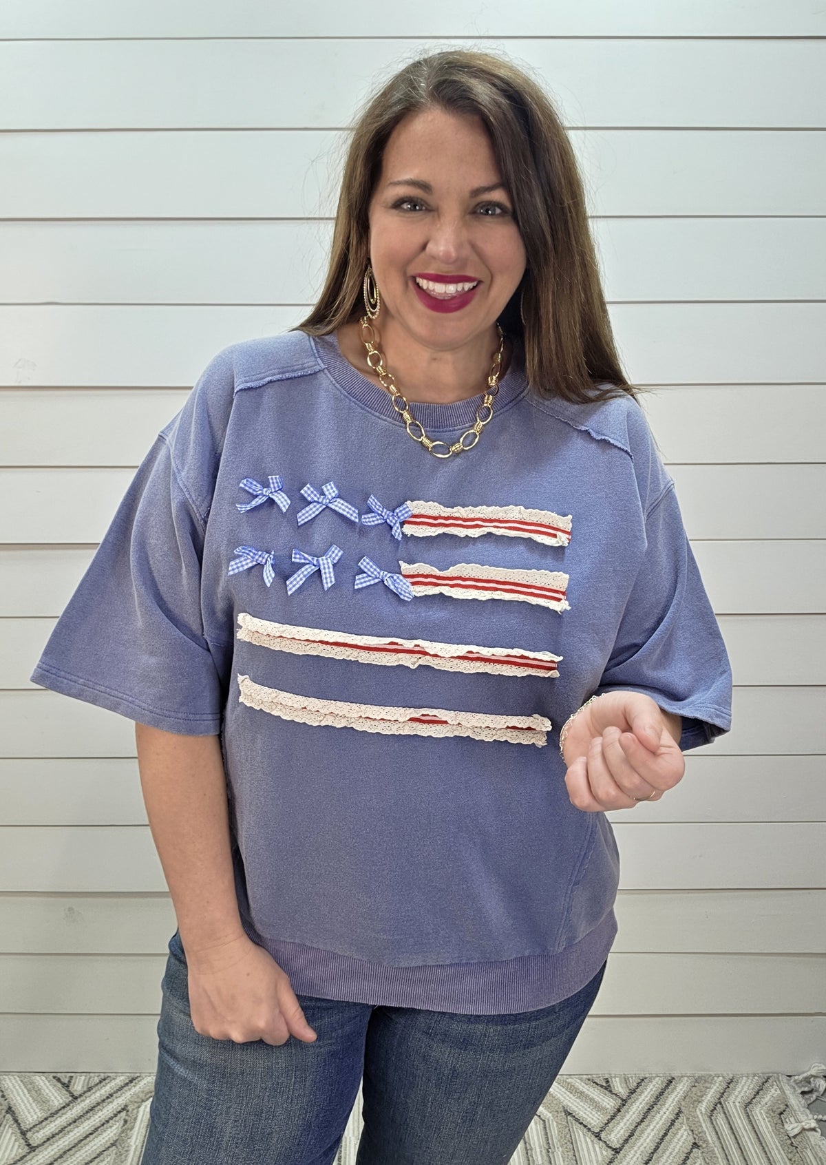 DENIM WASHED HALF SLEEVE FLAG FRENCH TERRY PULLOVER