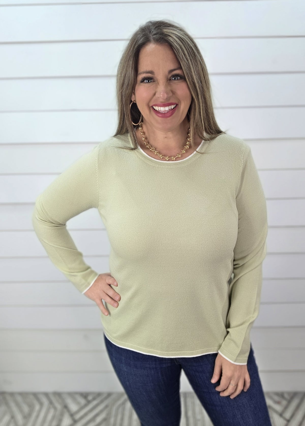 SAGE CONTRAST LIGHT WEIGHT KNIT PULLOVER