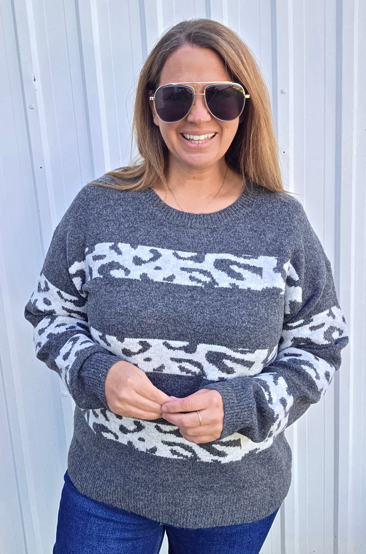 Charcoal Leopard Color Block Crew Neck Pullover Sweater