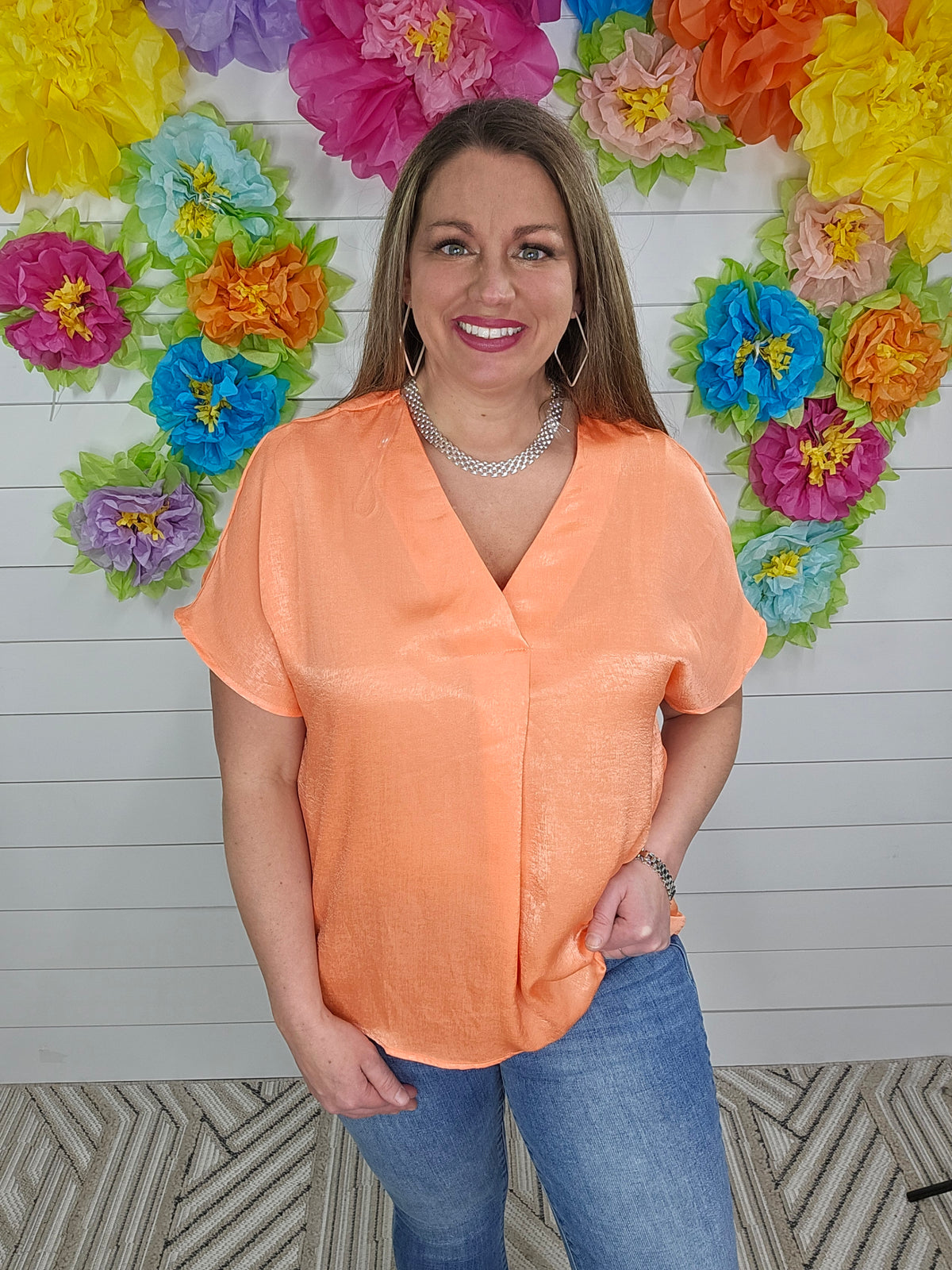 ORANGE V NECK PLEATED DOLMAN TOP