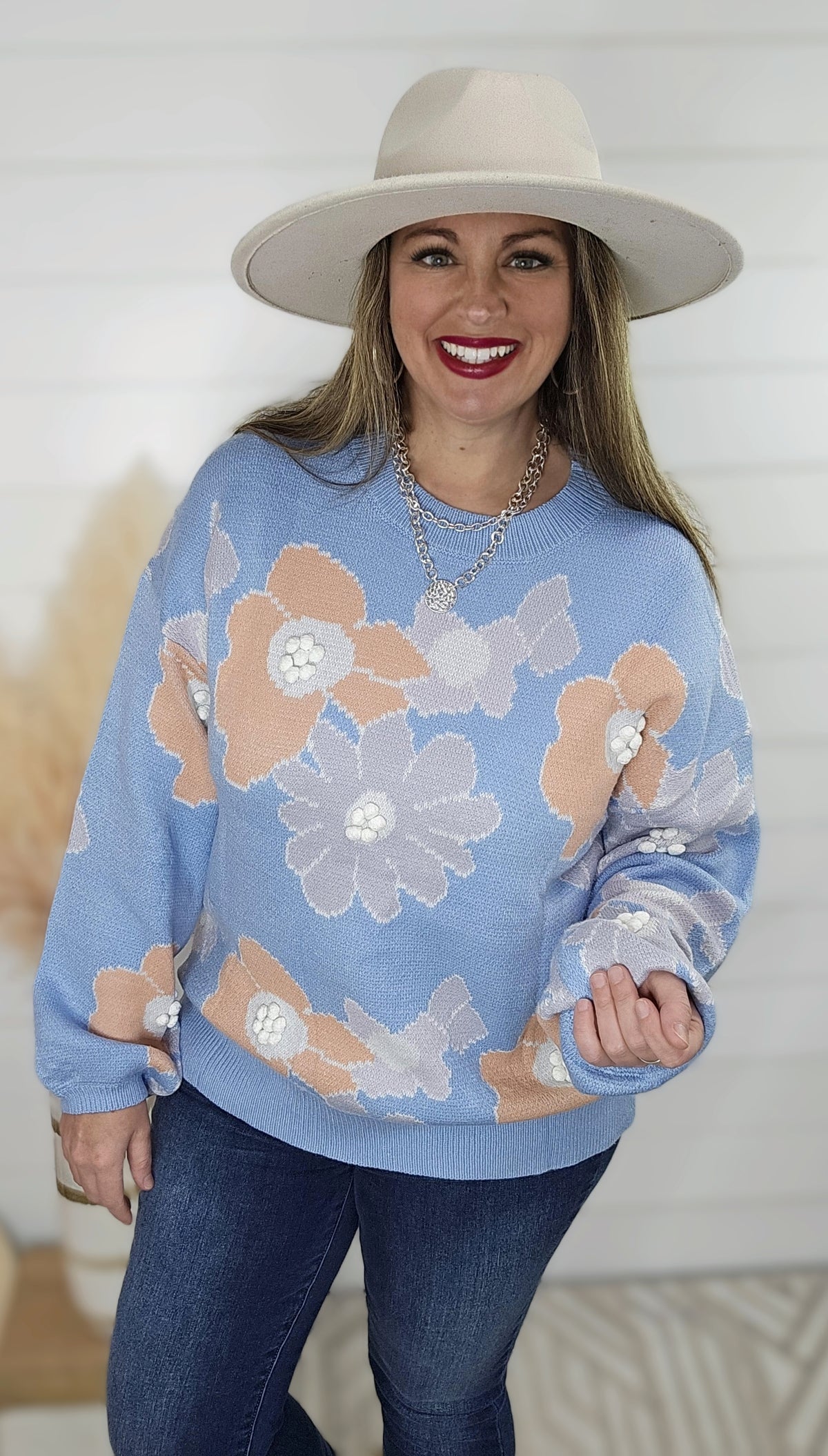 BLUE FLORAL POM POM SWEATER