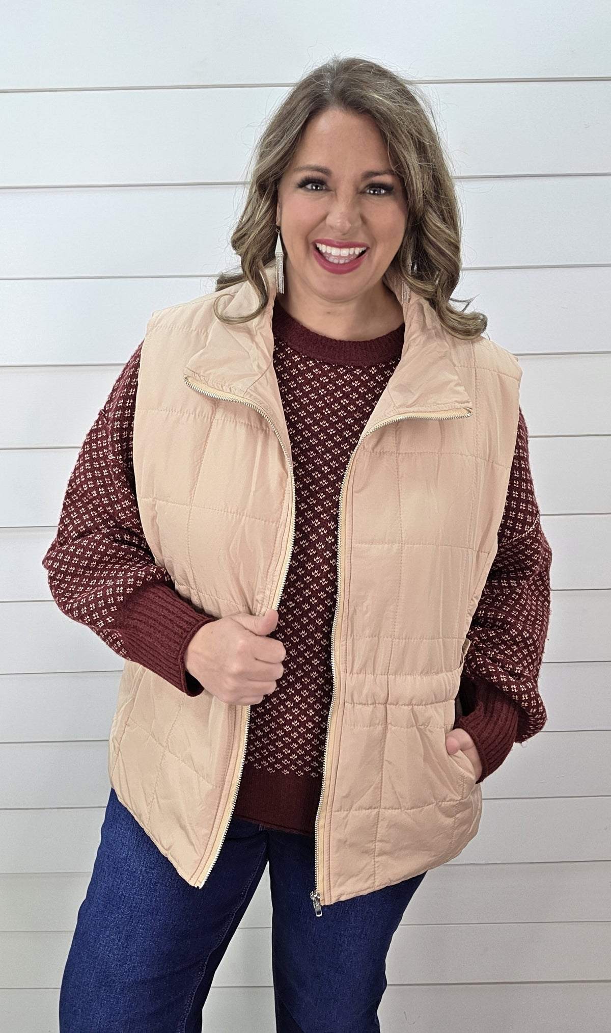 TAN FULL ZIP VEST WITH ADJUSTABLE SIDE TIES